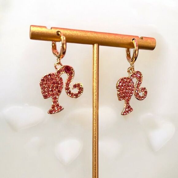Barbie Hot Pink Rhinestone Gold Tone Dangle Earrings NWT - Picture 3 of 3